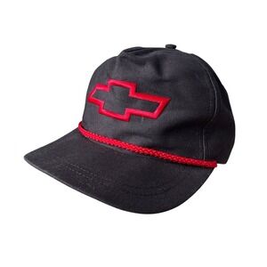 Chevrolet Bowtie Logo Black Snapback Trucker Hat Red Rope Detail Vintage 90s